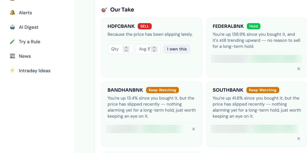 Beacon dashboard with AI hold, sell and watch recommendations