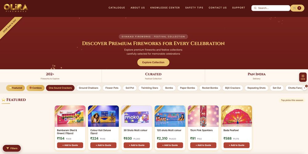 Olira Fireworks storefront homepage