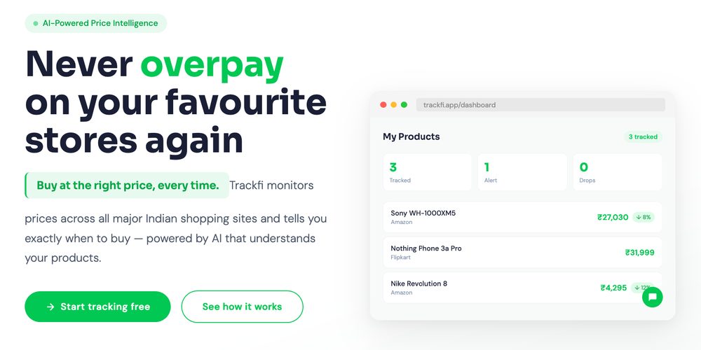 Trackfi landing page with price-tracking dashboard